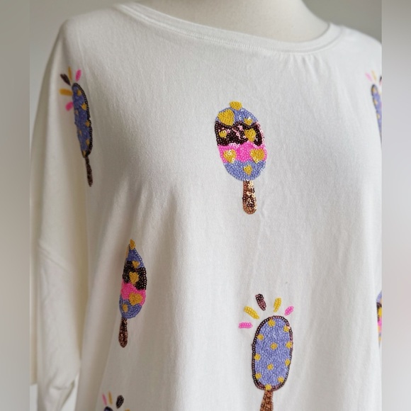 PEACH LOVE White Sequin Ice Cream Bar Oversized Tee Size Small - Picture 2 of 7